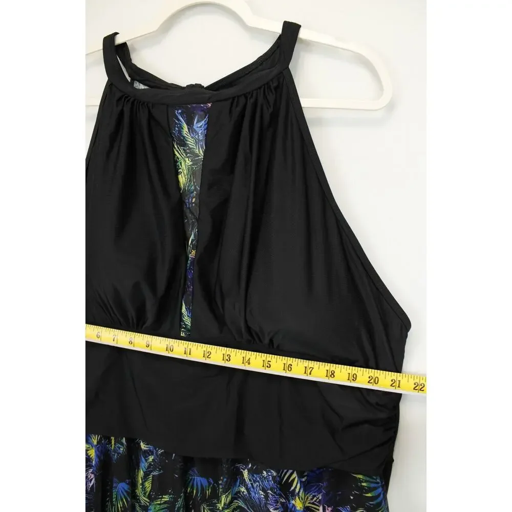 Bloomchic Swim Dress Halter Sheer Skirt‎ Women 28 Black Floral Swimwear